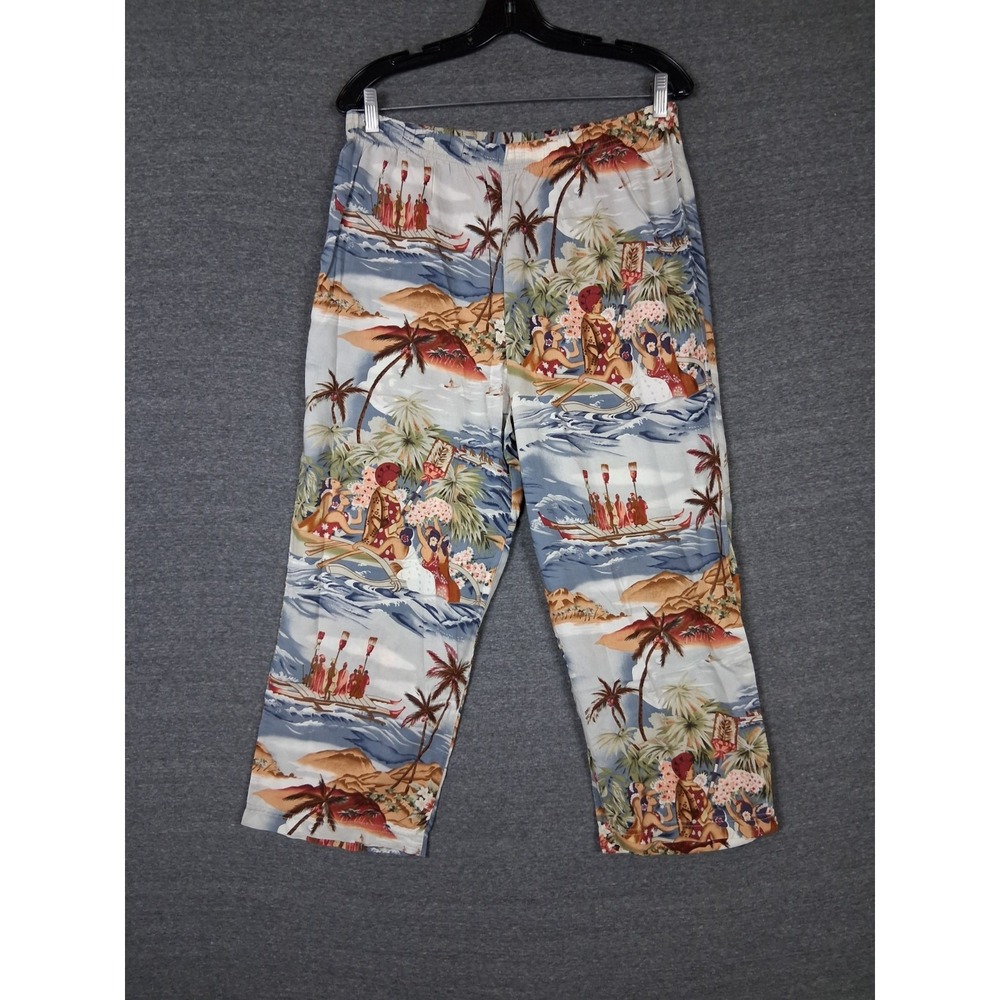 VTG Sara Bentely Womens Pants Large Hawaiian Print Island Girls 100% Rayon USA